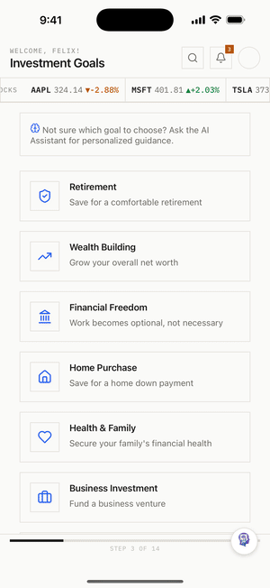 Fintellect app tour: investment goals, asset types, risk level, AI chart analysis, paper trading, charts, fundamentals, watchlist, market channels, daily lessons, and scheduled reports
